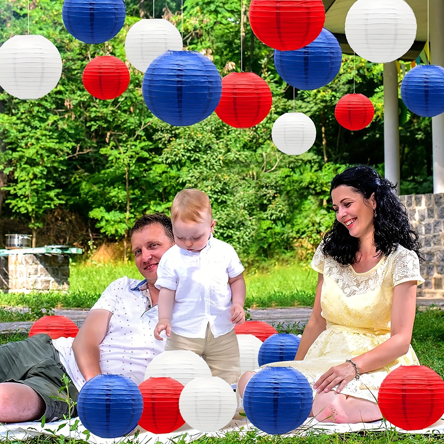 10pcs 9 Lanterns + 1889.76 Inch Fishing Line, Outdoor Lantern Decoration,  Red White Blue White Paper Lantern For Independence Day Party Decoration