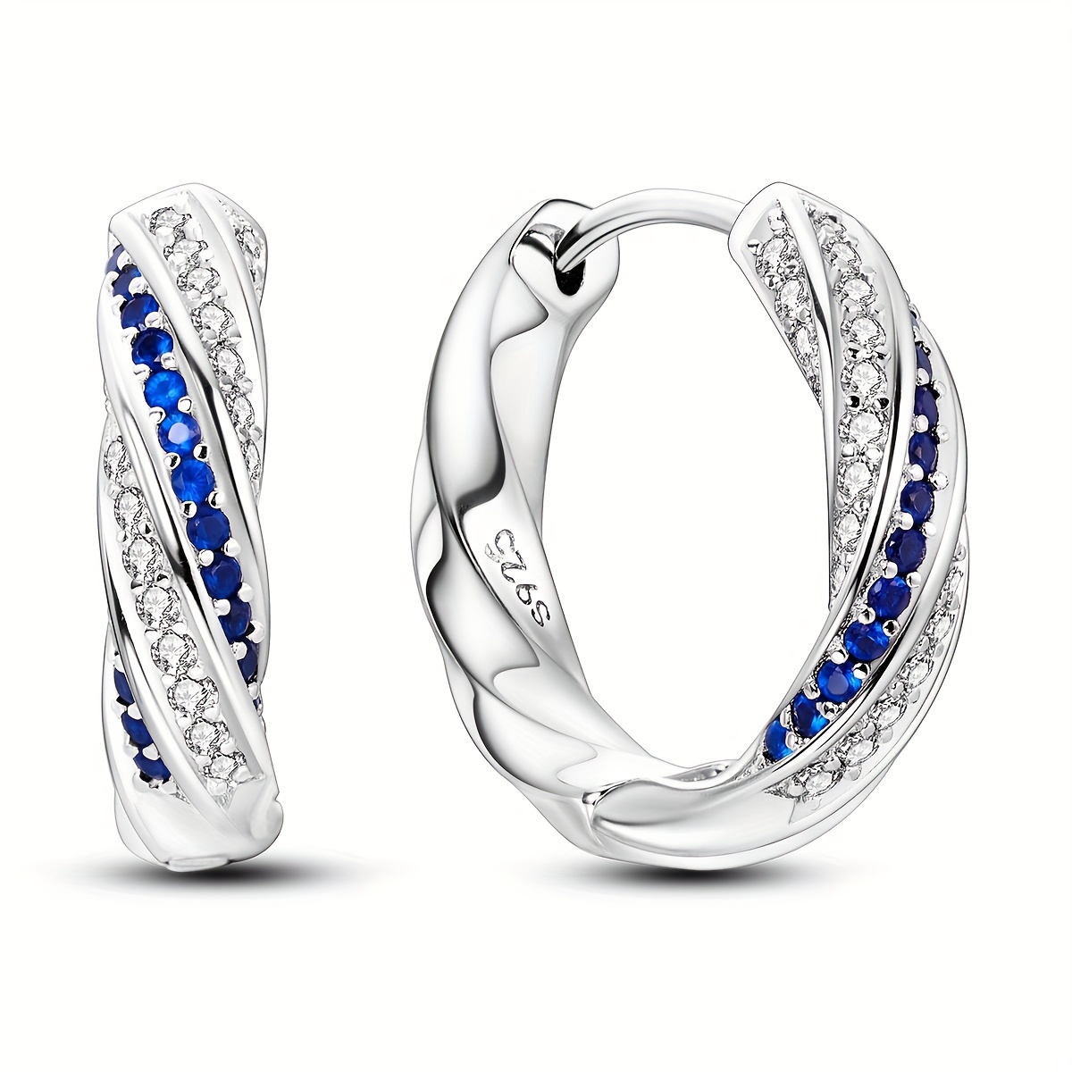 TEMU S925 Sterling Silver Blue And White Twisted Hoop Earrings Shiny Zirconia Decor Hoop Earrings For Women Exquisite Jewelry Gifts