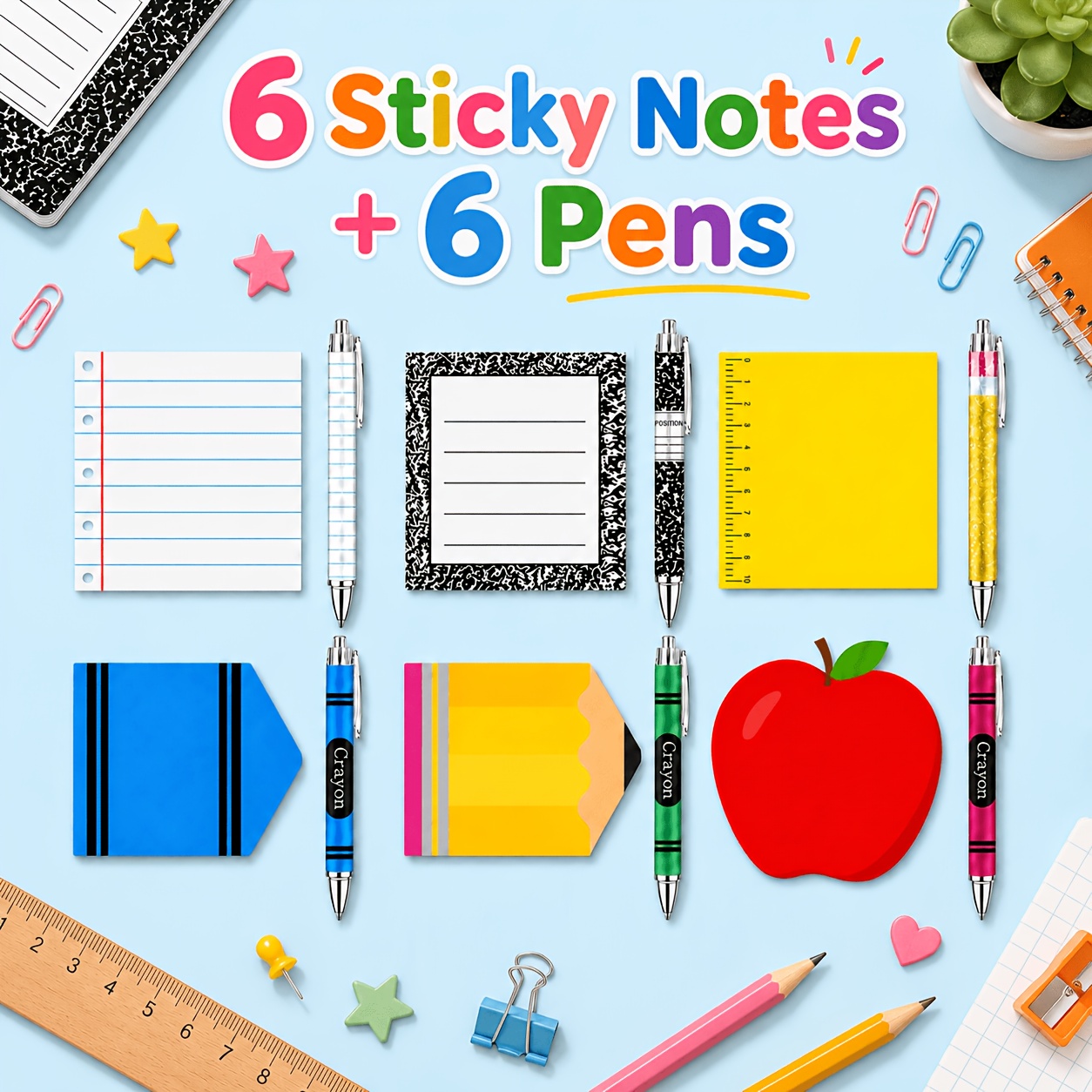 TEMU 12pcs/teacher Stationery Set, Including 6pcs Sticky Note Pads And 6pcs Ballpoint Pens, Cute Sticky Notes, , Pencil, Ruler, And Composition Book