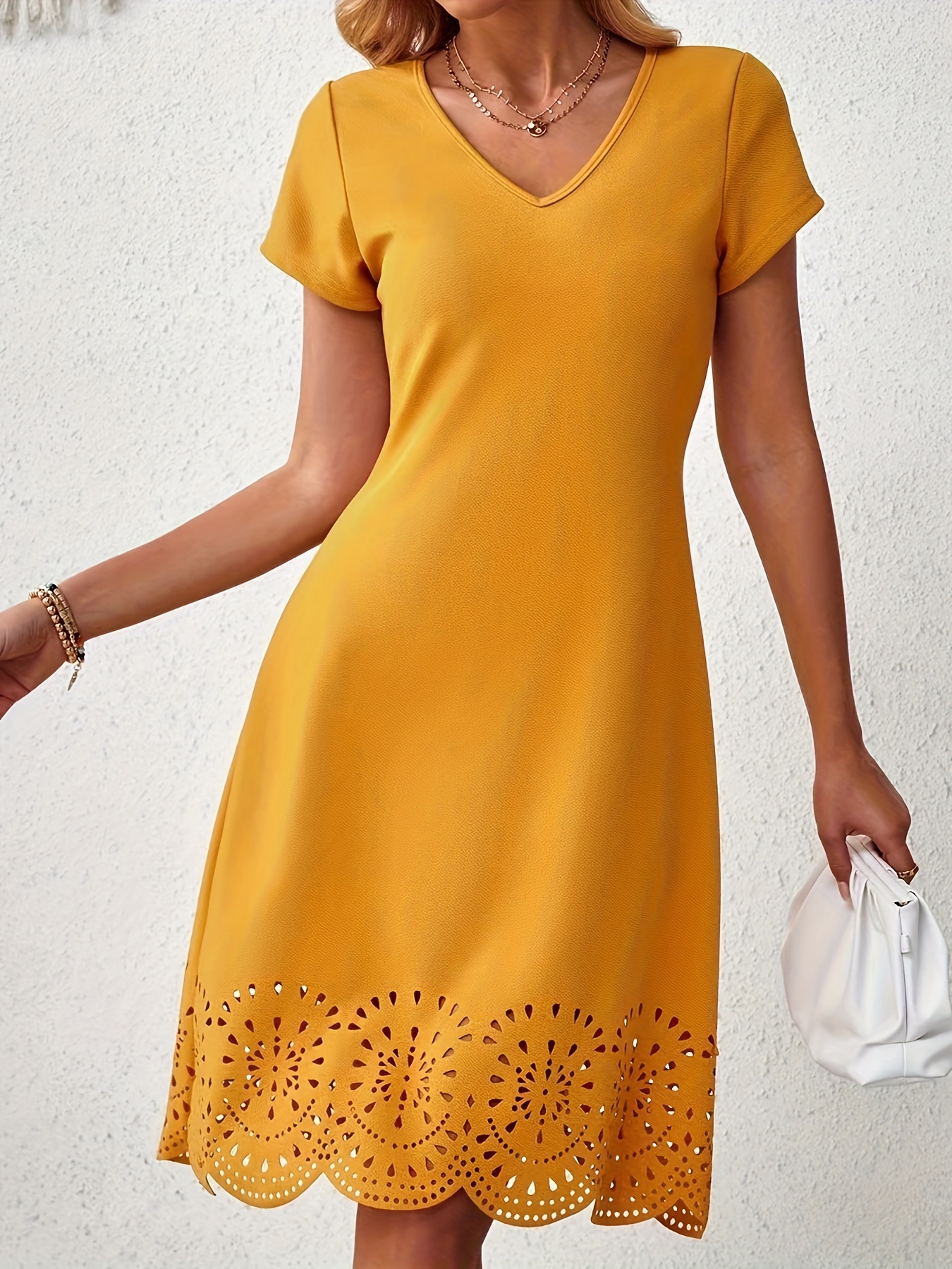 solid color v neck dress elegant short sleeve dress for spring summer womens clothing