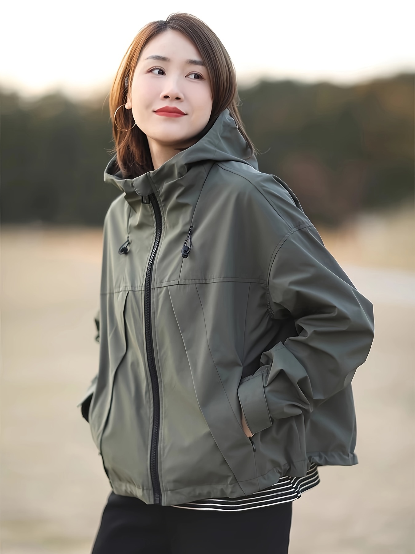 1pc Women'S Casual Short Hooded Jacket, 100% Polyester Solid Color  Lightweight Windbreaker, Non-Stretch Woven Fabric, Zippered Spring/Fall  Outerwear