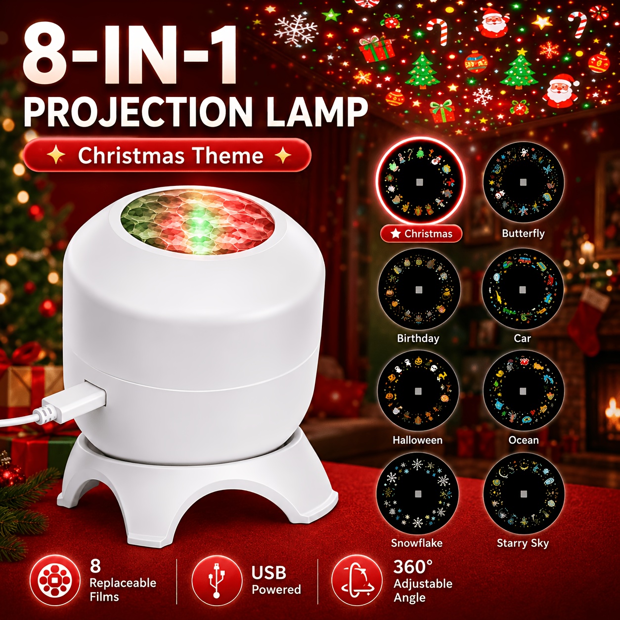 Christmas Ceiling Projector Night Light, Led Projection Lamp With 8 Hd Pattern Films, Usb Powered Holiday Decor For Bedroom Living Room Party