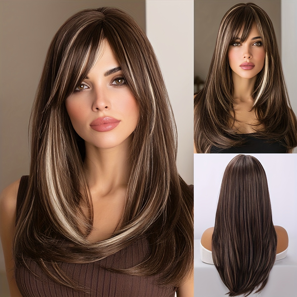 TEMU Sleek Brown-highlighted Straight Hair Curls Made From High-temperature Synthetic Fibers, Use, Gifts For, Birthday Celebrations, Cosplay Outfits, And Wig Additions