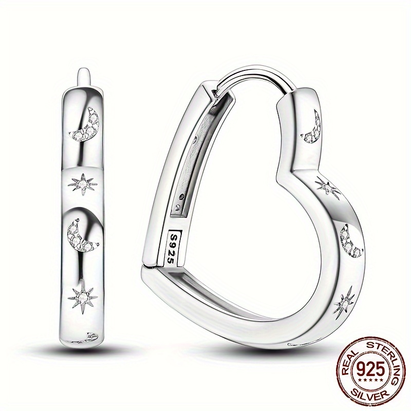 

Elegant Heart & Moon Star Hoop Earrings For Women, Synthetic Zirconia Inlay, 925 Sterling Silver, August Birthstone, Silver Plated, Daily & Gift Occasions, 6g Pair