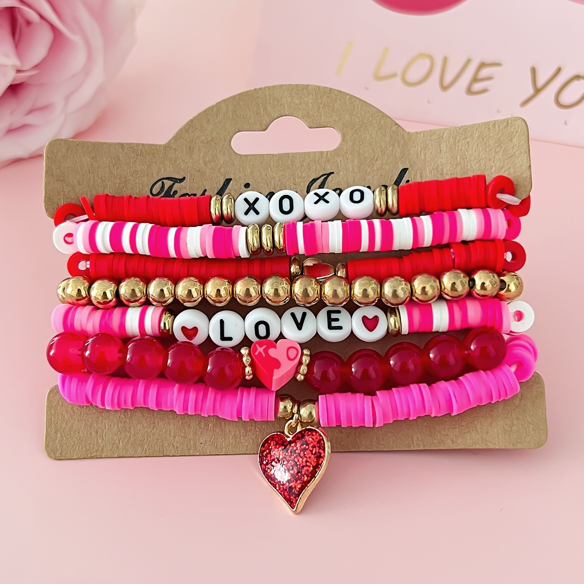 

7pcs Valentine's Day Beaded Bracelet Set For Women - Cute Style, Polymer Clay, & Gifting, Accessory