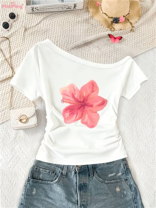 girls y2k off the shoulder t shirt with floral print pleated waist short sleeve blouse top suitable for beach vacation spring summer outfits machine washable non shirt for and casual attire