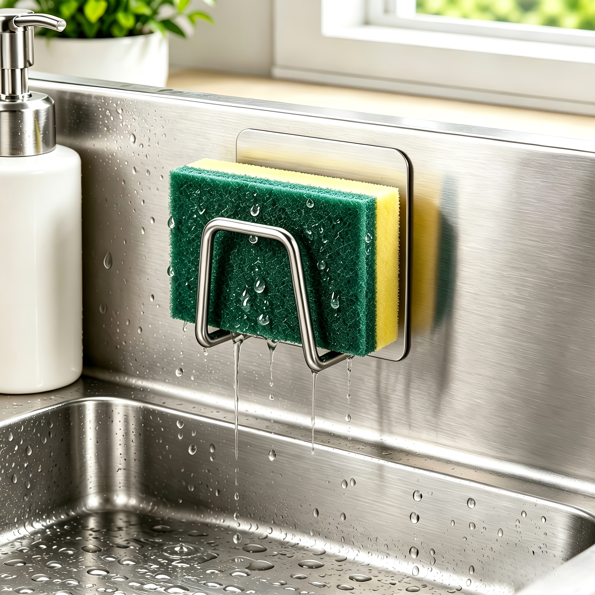 item picture 2pcs set 1  sink sponge holder and 1pc cleaning sponge 304 stainless steel material no drill installation rust proof and waterproof quick drainage space saving sink organizer suitable for kitchen and bathroom