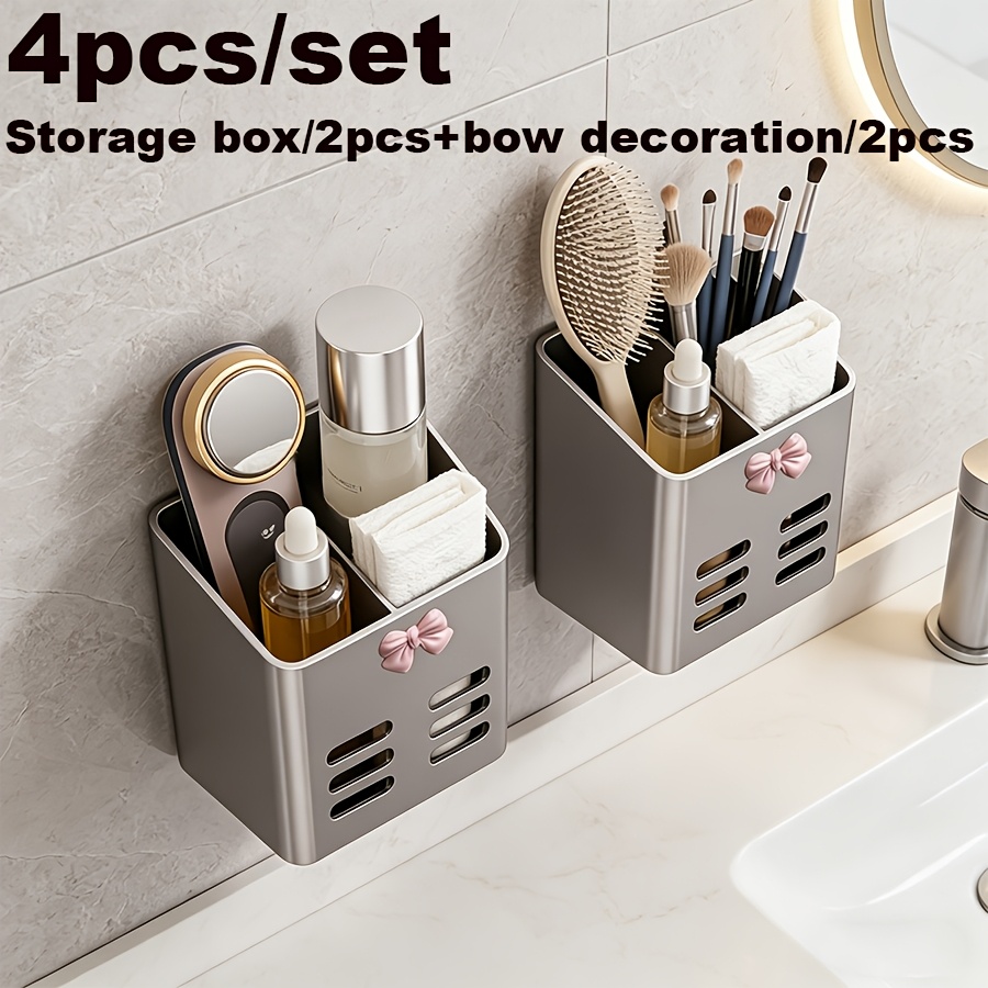 TEMU 4pcs Set Multi-functional Wall-mounted Cosmetic Organizer, Bathroom Storage Rack - No-drill Adhesive Installation, Plastic Modern , Suitable For