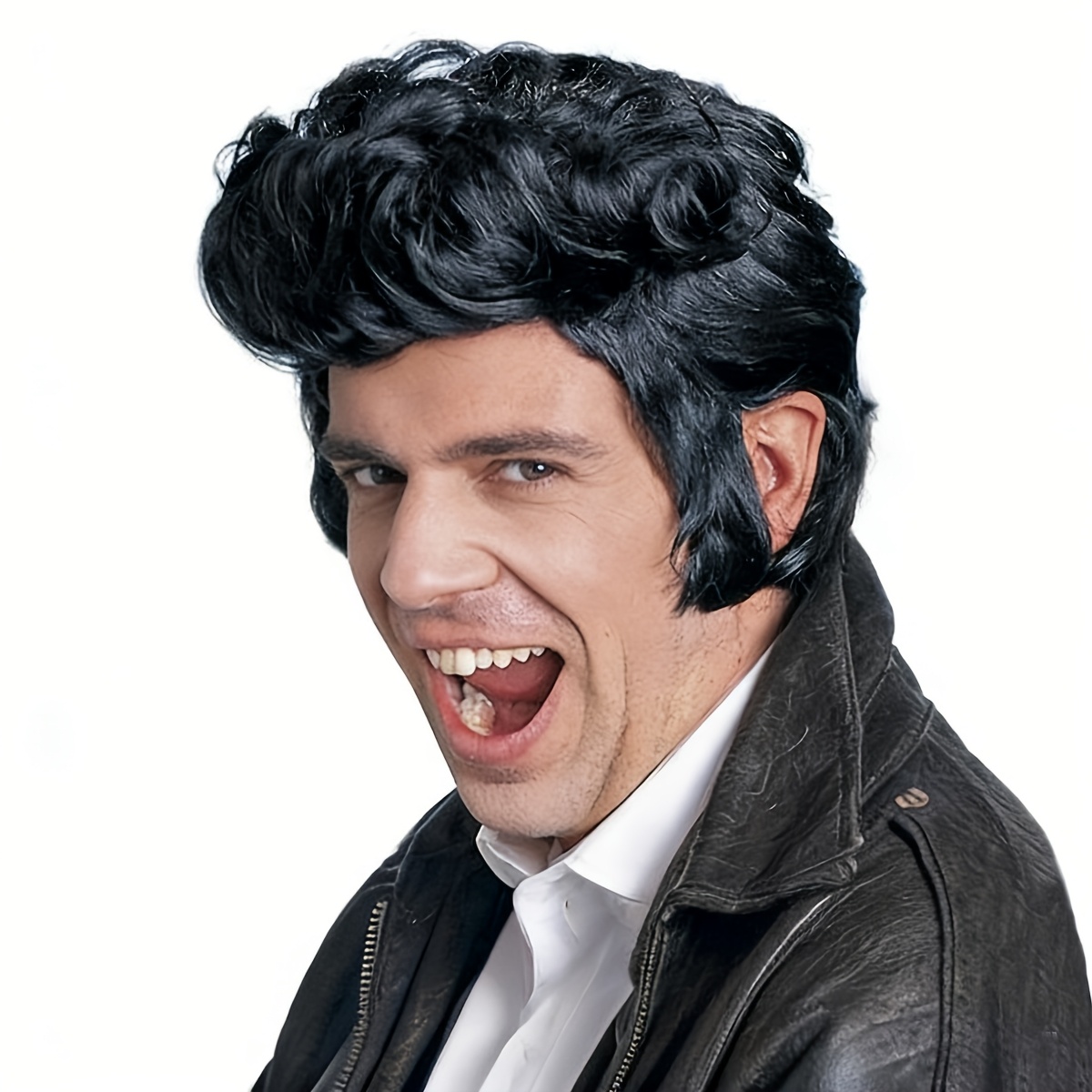 Vintage Rocker 8-inch Black Synthetic Wig For Men - Curly, Heat Resistant Hairpiece For Cosplay & Halloween Parties, Hair Wig