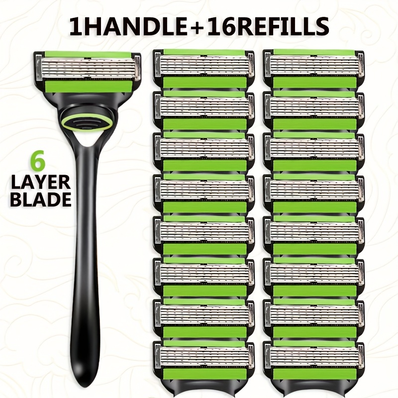 TEMU 1 Handle+4pcs/8pcs/16pcs, 6-layer Manual Shaver, Men's Safety Shaver, Dry And Wet Dual-use, Easy To Clean, Reusable, Classic Facial Care Set