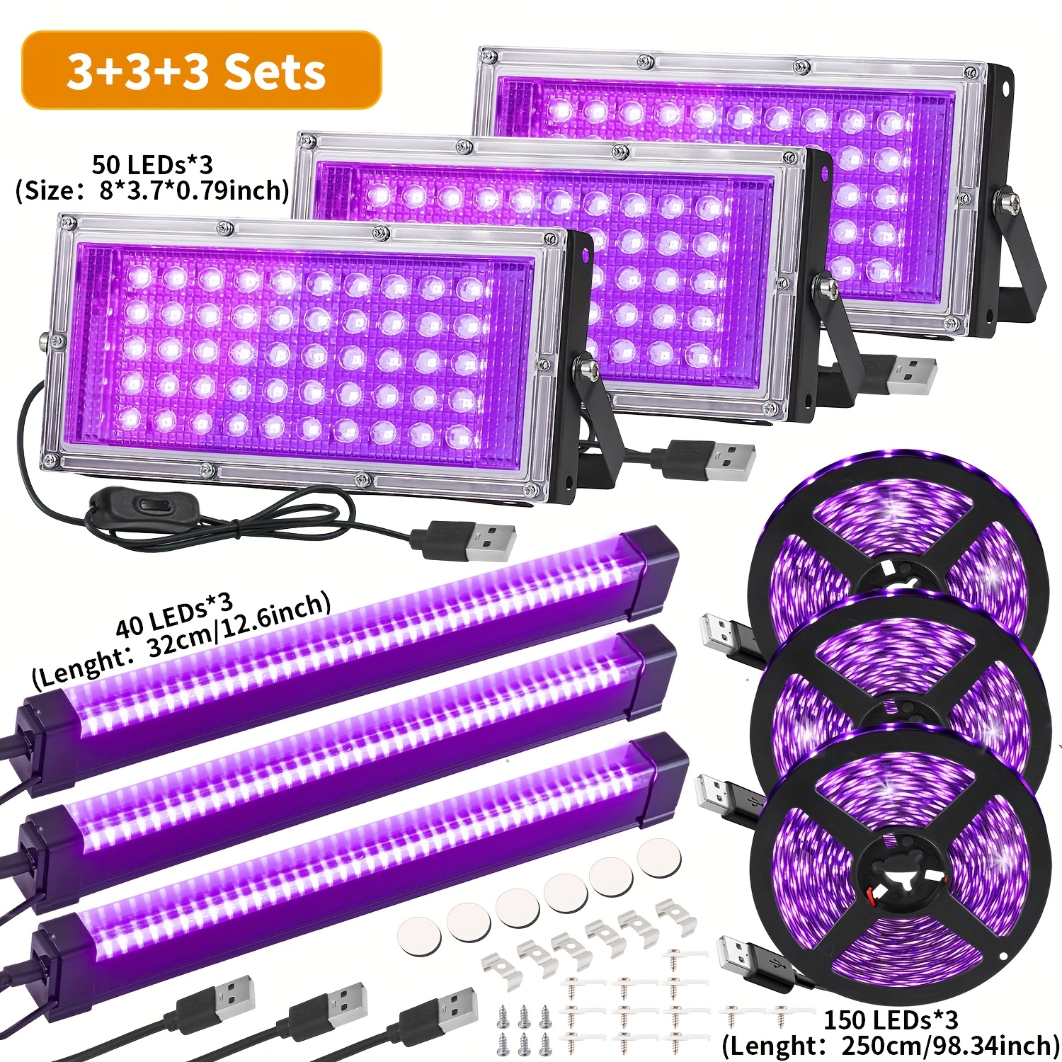 TEMU Eine Auswahl an Schwarzlicht-Kits, einschließlich 50 UV-LEDs, 40 Schwarzlicht-LEDs ein 2,5-m-Lichtstreifen mit 60 LEDs , ideal für verschiedene