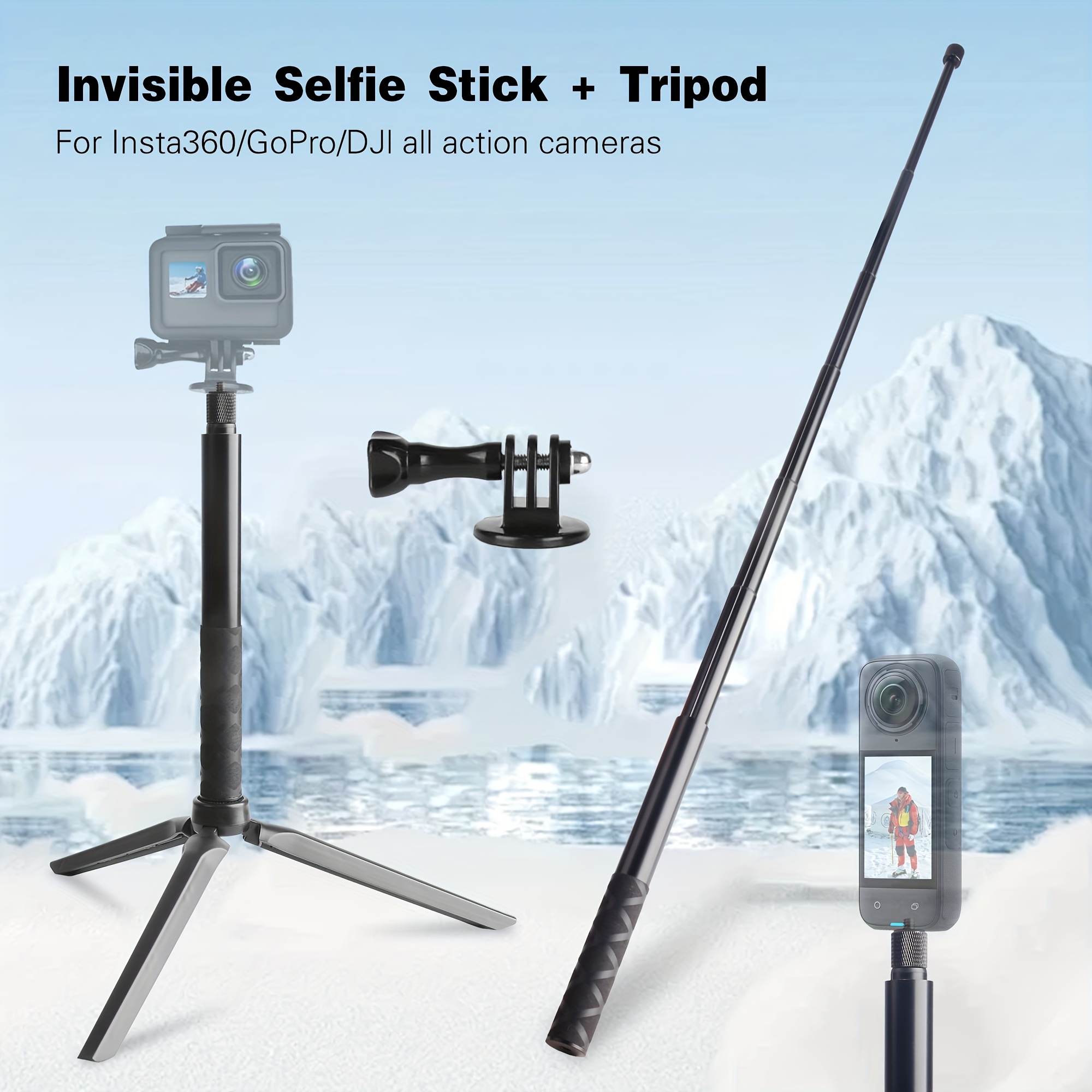 Image of 2-in-1 Invisible Selfie Stick + Tripod, Aluminum Alloy Invisible Pole And Tripod, Compatible With Ace, , 2, , Go 3s, 1 X2, X3, X4, X5 Action Cameras, Black