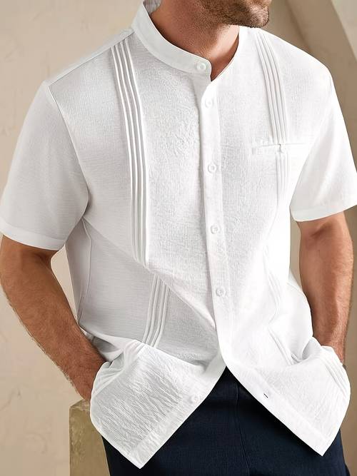 imagen del artículo camisa de moda casual para hombre con cuello , manga corta y de pliegue lateral frontal, estilo casual