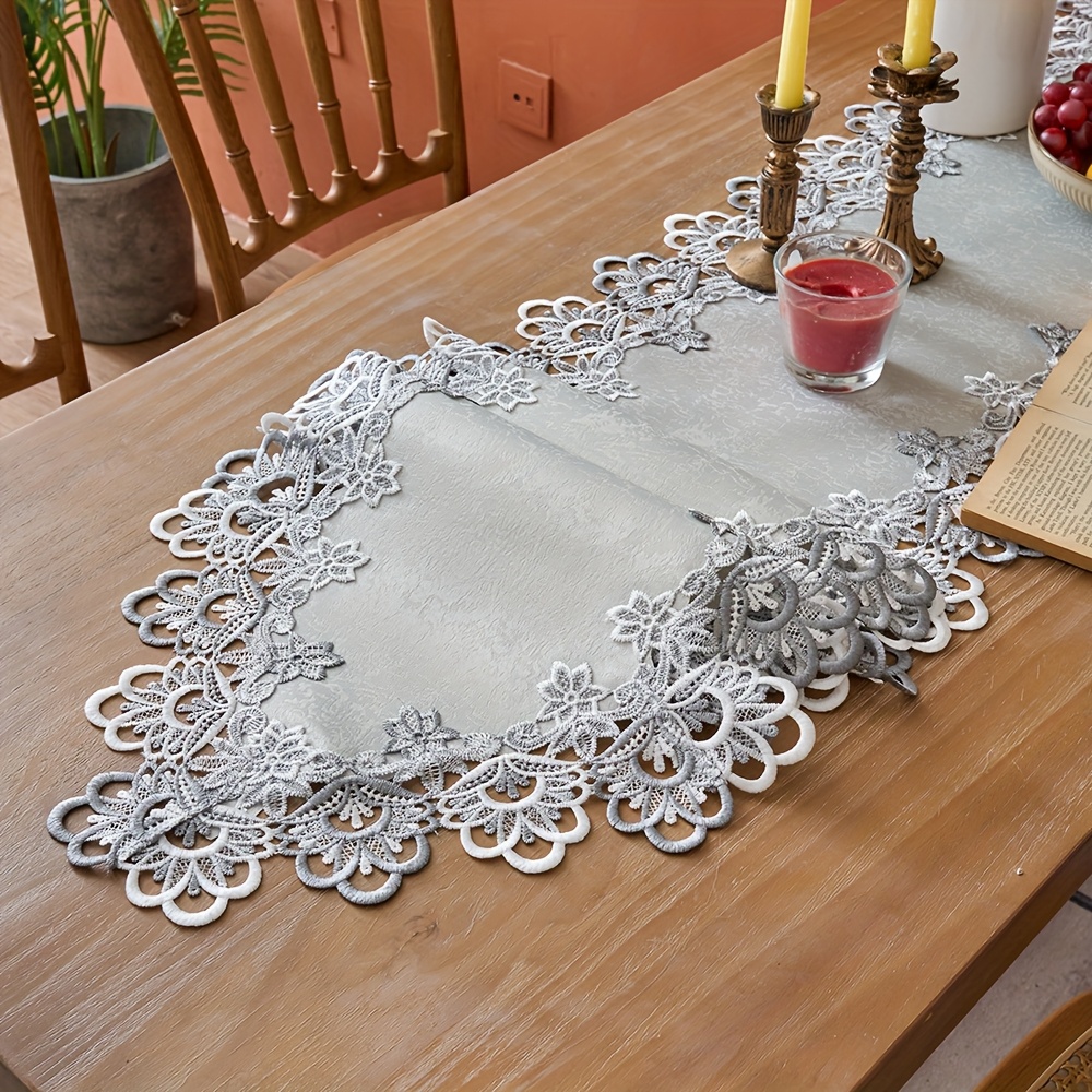 Elegant 36 Gray Lace Table Runner 90cm Exquisite Embroidered