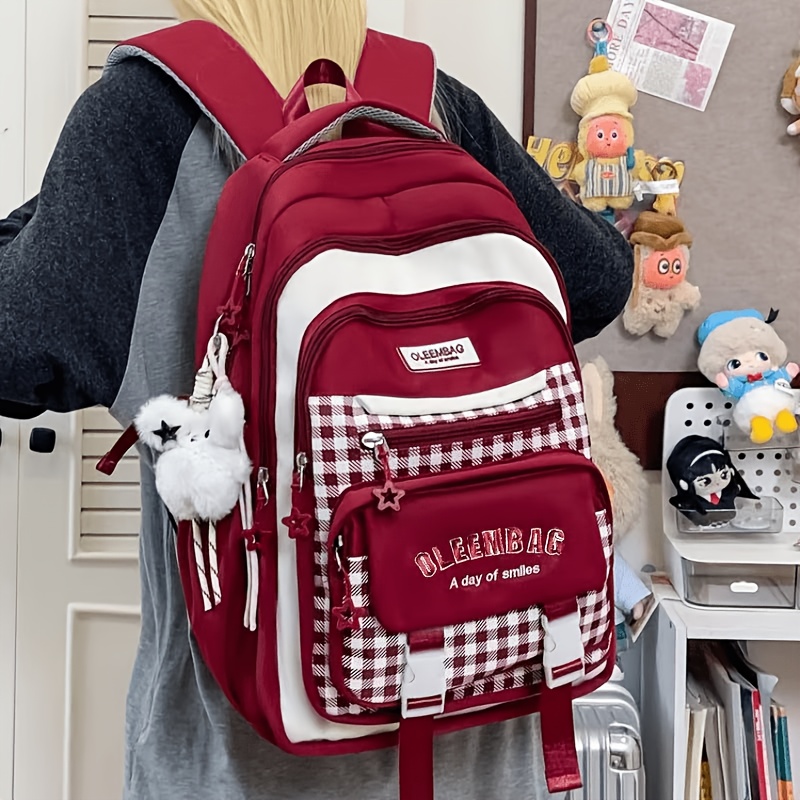 TEMU Mochila de a cuadros, diseño de gran capacidad con múltiples compartimentos, mochila casual de almacenamiento para a día, estilo versátil