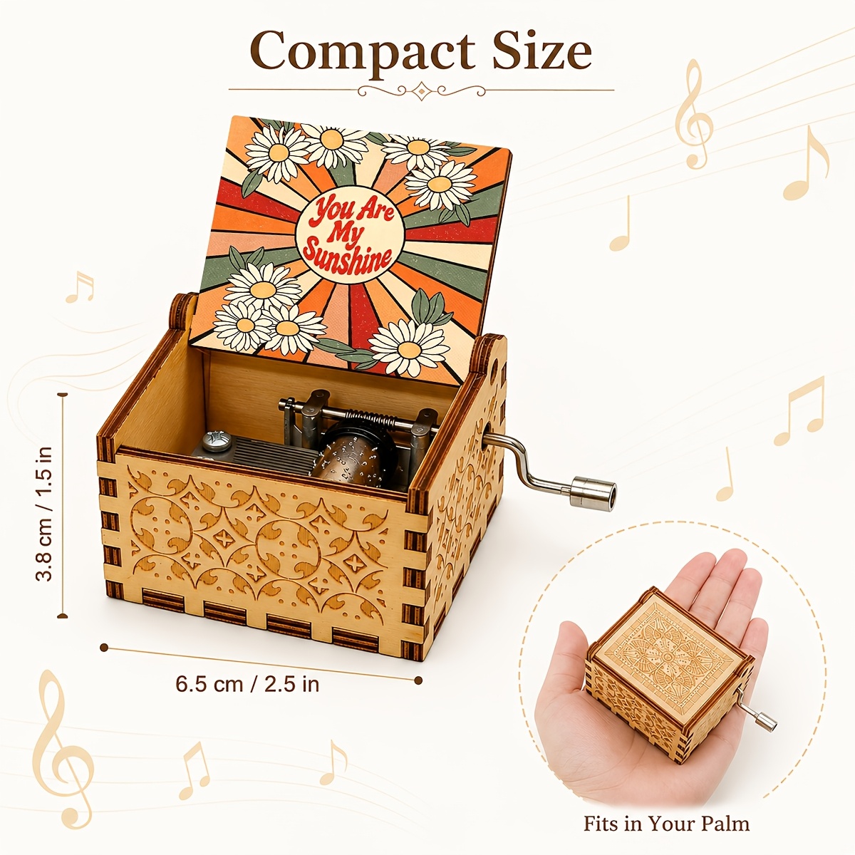 TEMU 1pc Wooden Music Box Hand-crank Sound Box Lid Decorated With Daisies And "you Are My Sunshine" Pattern, Vibrant Retro Design For Unique Musical