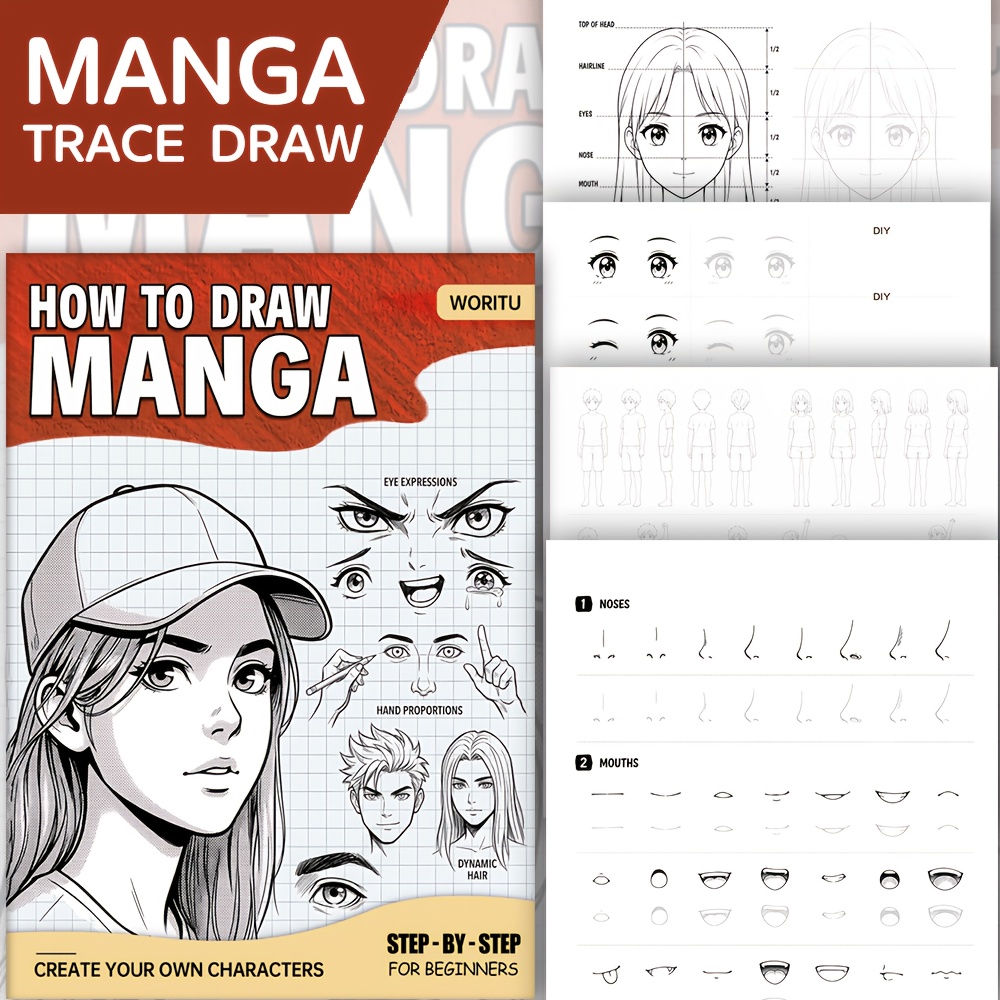 TEMU Livre de dessin de manga japonais pour débutants : Tutoriels par avec guides des du visage, et coiffures - Pages d'entraînement à l'échelle pour