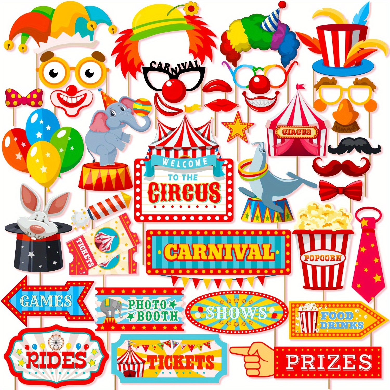 

36pcs Cifeeo Carnival & Circus Themed Photo Booth Props Kit - Vibrant Circus-inspired Decorations For Parties, Including Clown, Elephant, And Ticket Designs - A