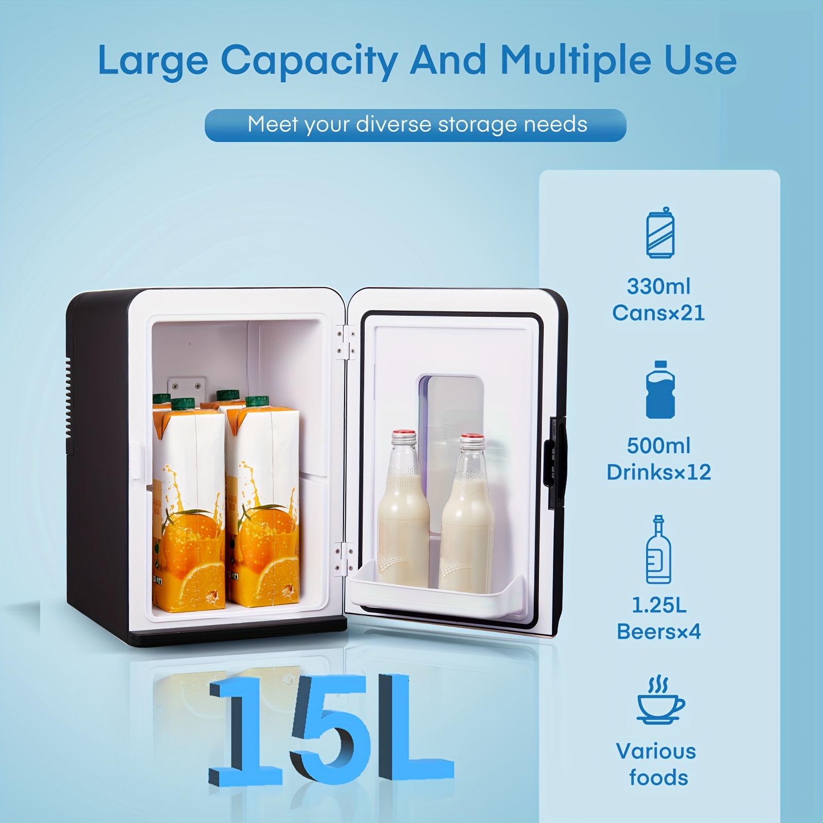 3.96gal Compact Mini Refrigerator - 110V/12V Portable Cooler & Warmer, Outdoor/Indoor Use, Clear Glass Doors, Black, Ideal for Beverages, Skincare, Camping & Kitchen Storage, Mini Refrigerador, Sleek Design, Durable Plastic