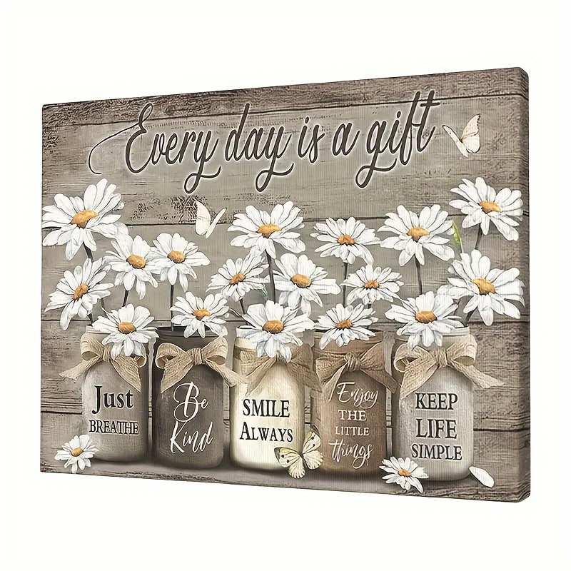 

1pc Rustic Daisies Butterfly Canvas Painting Vintage Floral Wall Inspirational Picture Bedroom Living Room Bathroom Office Wall Decor Home Decor 12"x16", 16"x24