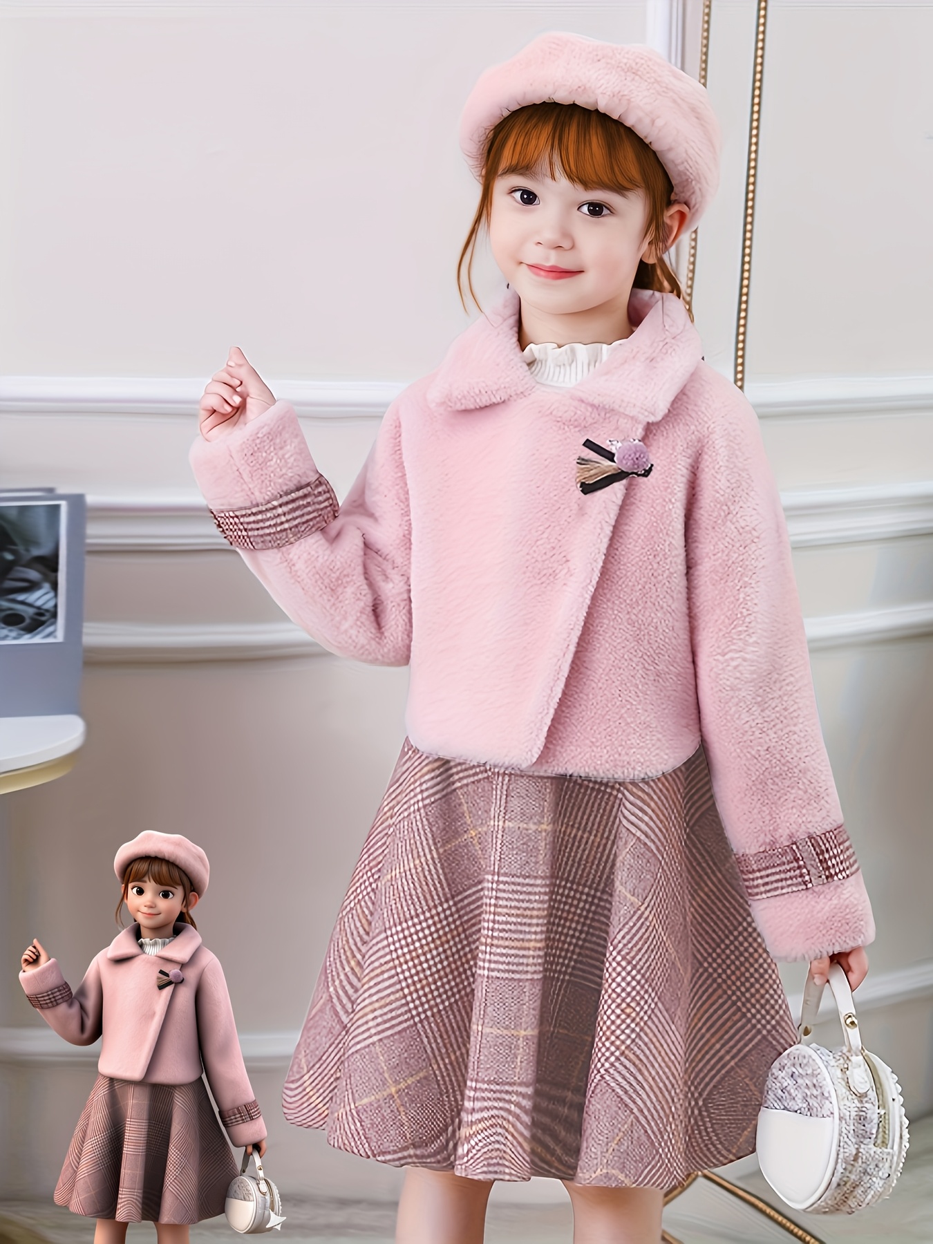 navy blue dress for baby girl Girls' Autumn Winter Dress Set, Christmas Winter Fashionable Dress,  Children's Clothing, Thickened Coat Princess Dress, 2pcs Set * Outdoor