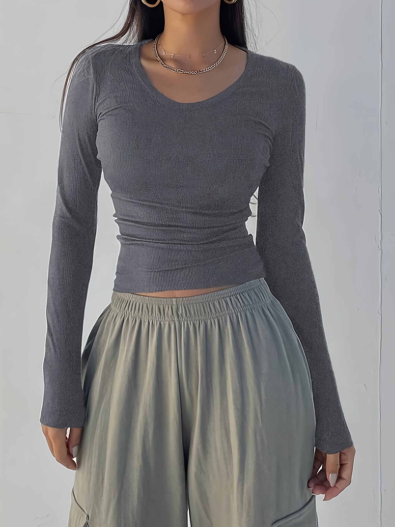 Solid Color Crew Neck T-Shirt, Casual Long Sleeve T-Shirt For Spring & Fall, Women's Clothing