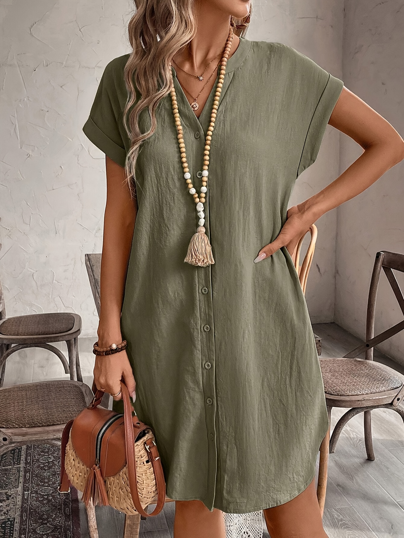 sachin and babi light blue dress Short Sleeve Day Dress The Drop Women's Plus Size Amira Button-Down Linen Mini  Dress  High Waist, Flared, Casual & Chic Casual Summer Dress