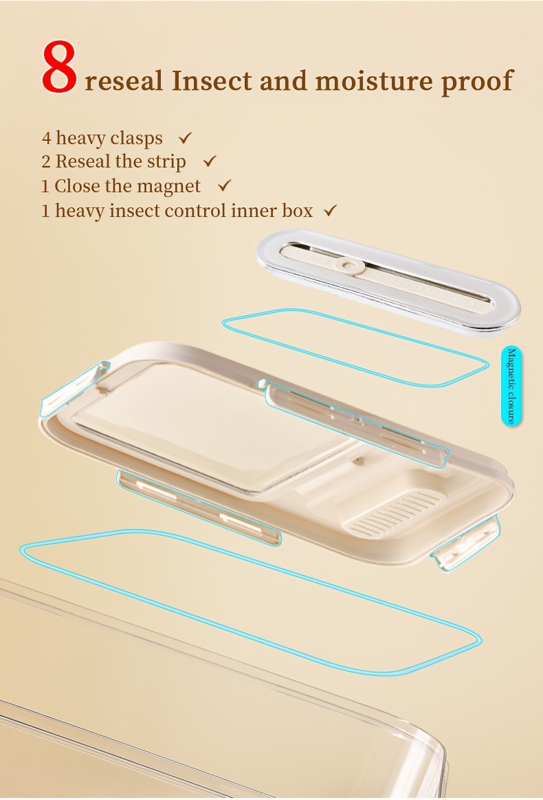 2 sizes airtight food storage containers set 5kg 11 02lb 10kg 22 05lb transparent plastic grain dispenser with measuring cup moisture proof and insect resistant for rice   flour pet food hand wash reusable square with magnetic closure for kitchen use Product details 12