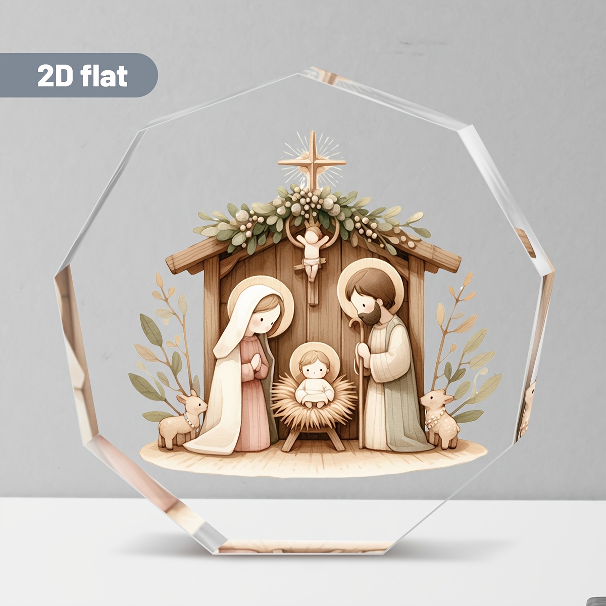 TEMU 2d Flat, 1pc Nativity Scene Ornament - Q-version Mary, Saint Joseph & Baby Jesus With Stable & Lamb, Low- Warm Beige Acrylic Tabletop Suitable