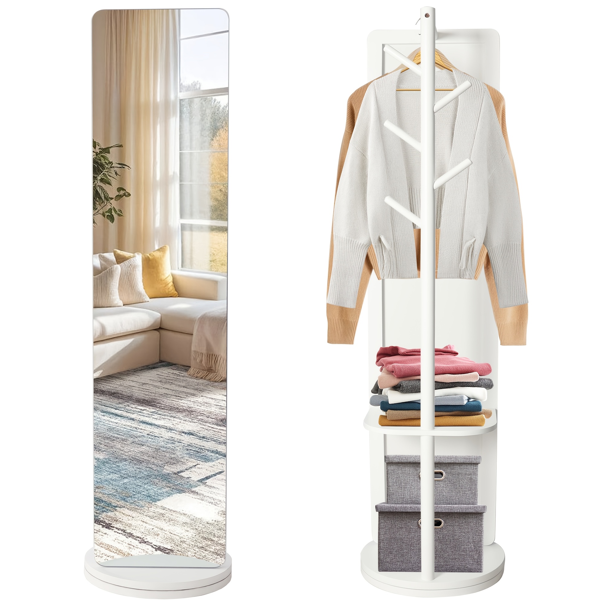 TEMU Full-length Mirror | Standing Mirror With 360Â° Rotation And Coat Rack | Standing Mirror 160 X 35cm Made Of Solid Wood And Tempered Glass |