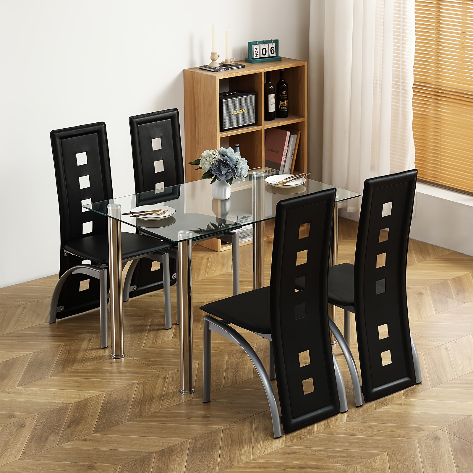 5pcs glass black dining table set chairs rectangle modern Temu
