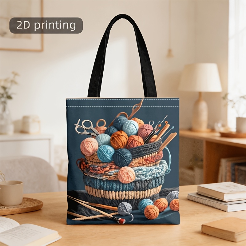 TEMU Bolso tote y bandolera de cesta de tejido vintage para , bolso de unisex con estampado de hilo y herramientas, lavable a máquina con correa para