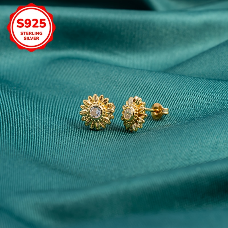 925 Silver Sunflower Earrings, Lightweight Zirconia Studded for Parties