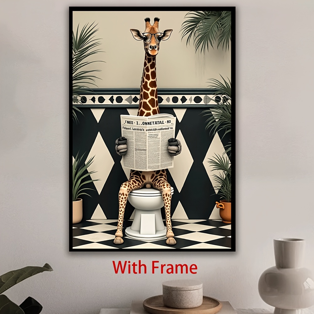 1pc framed canvas art whimsical giraffe on toilet reading newspaper contemporary wall decor for living room bedroom office or bathroom perfect gift for birthdays and holidays