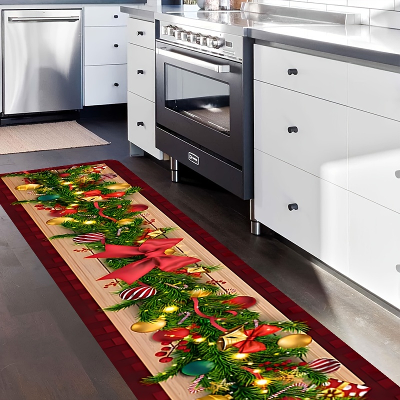 A 1.1 Cm Thick Carpet With Anti-slip Backing, Weighing Grams Per . This Christmas Holiday Plaid Runner Features Festive Tree Ornaments And Bow Decorations