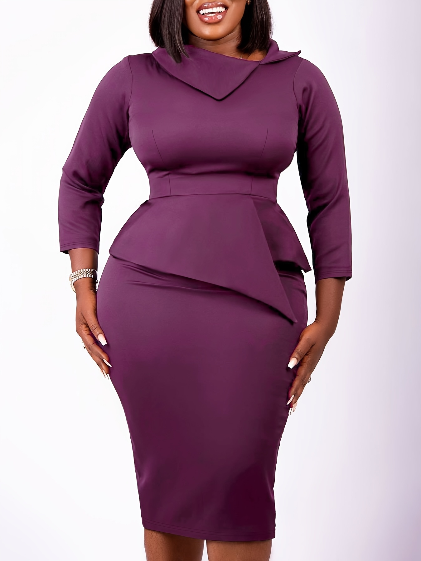 Women'S Midi-Length Dress, Eight-Sleeve Sleeves, Irregular Collar, Elegant And Comfortable to Wear, Irregular Waist And Lotus Leaf Trim Design on The Upper Body, Modifies The Figure And Shows The Proportions, Elegant to Wear