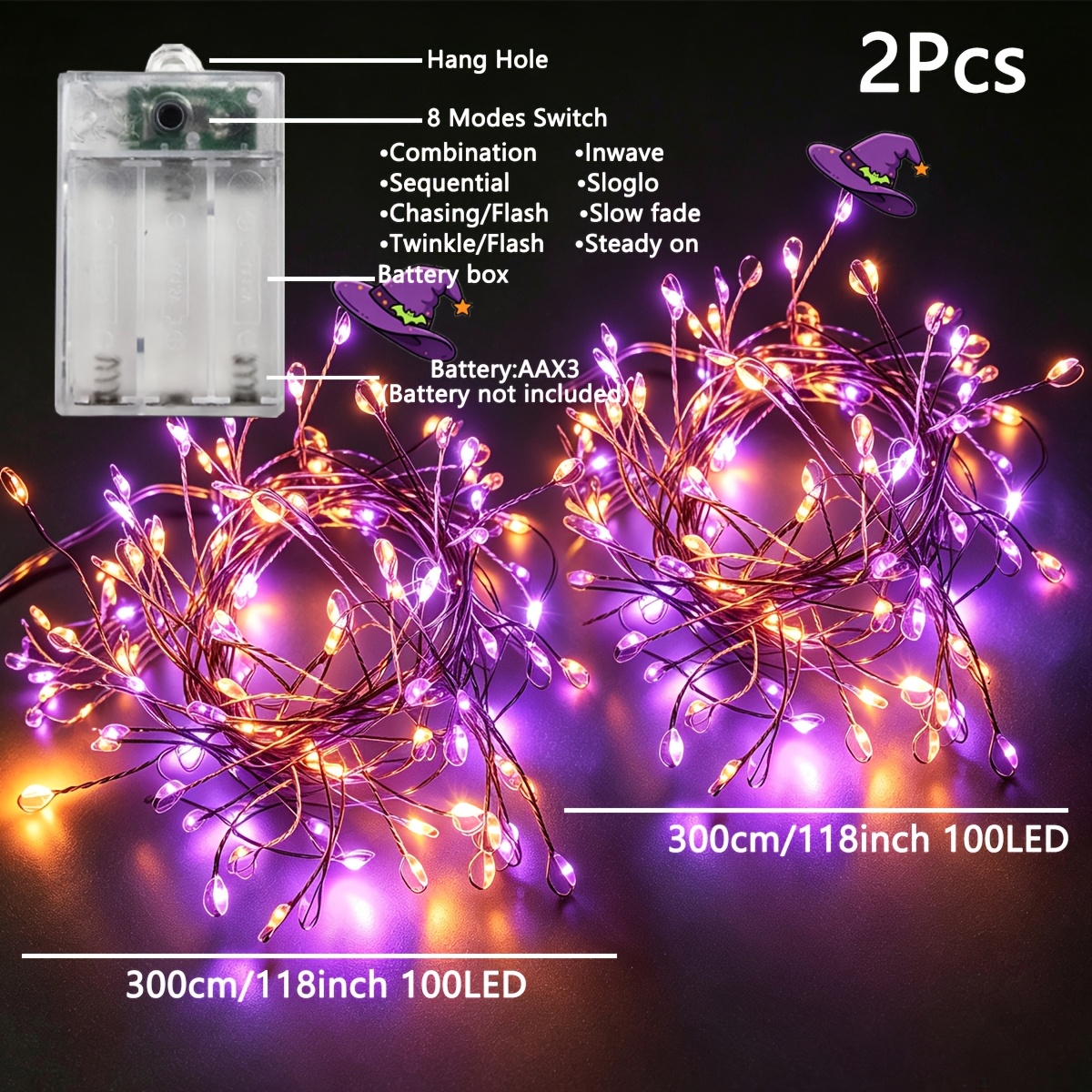 Image of 2pcs, Orange Purple Led Lights, Halloween Decorations, 300cm/118inch 100led, 8 , Halloween Lights, Fall, Winter, Window, Smart, Curtain Lights, , Stair Handrail Decor (battery Not Included)