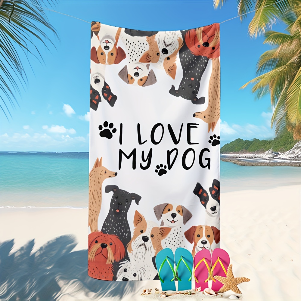 Image of 1pc Dogs And "i " Letter Print Beach Towel, Soft & Absorbent Bath Towel, Quick-drying Swimming Towel.
