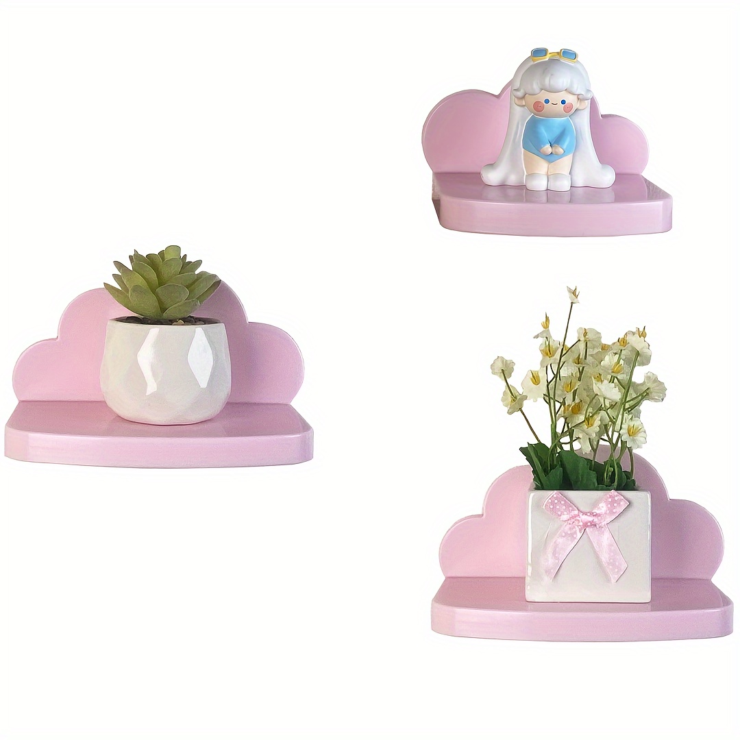 

Small Floating Shelves Plastic Mini Cloud Shelves Hanging Display 6 Inch Wall Shelf For Bathroom Livingroom Bedroom, 3 Pack, With 2 Types Of Installation, Pink, 6"d X 3"w X 3.5"h