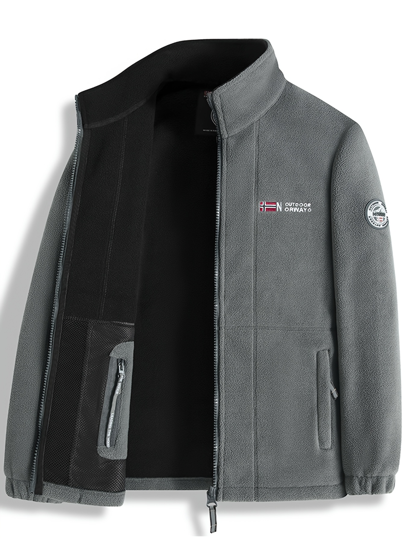 mens fleece lined winter jacket with embroidered logo stand collar zipper closure thick warm sporty casual outdoor coat for autumn winter regular fit durable zipper closure 0