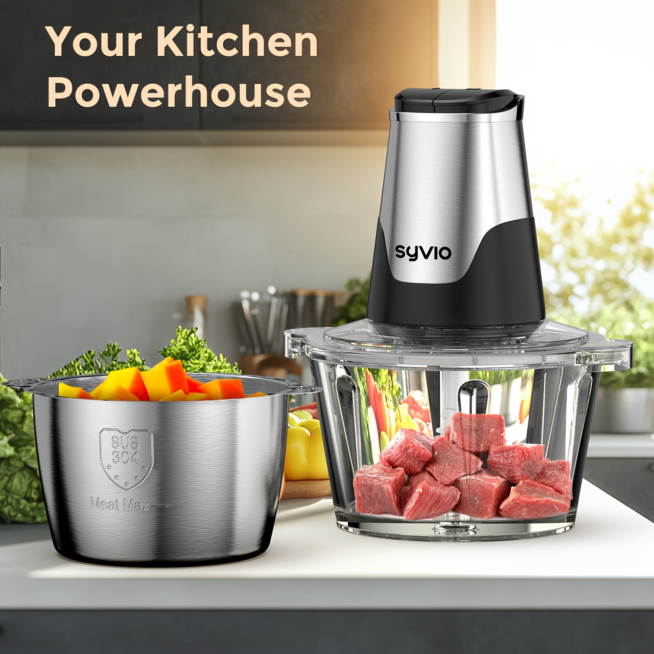   food processors with 2 bowls meat grinder 4 bi level blades mini electric food chopper 450w for baby food meat onion vegetable chopper 2 speed 8 cup and 8 cup christmas gifts Product details 0