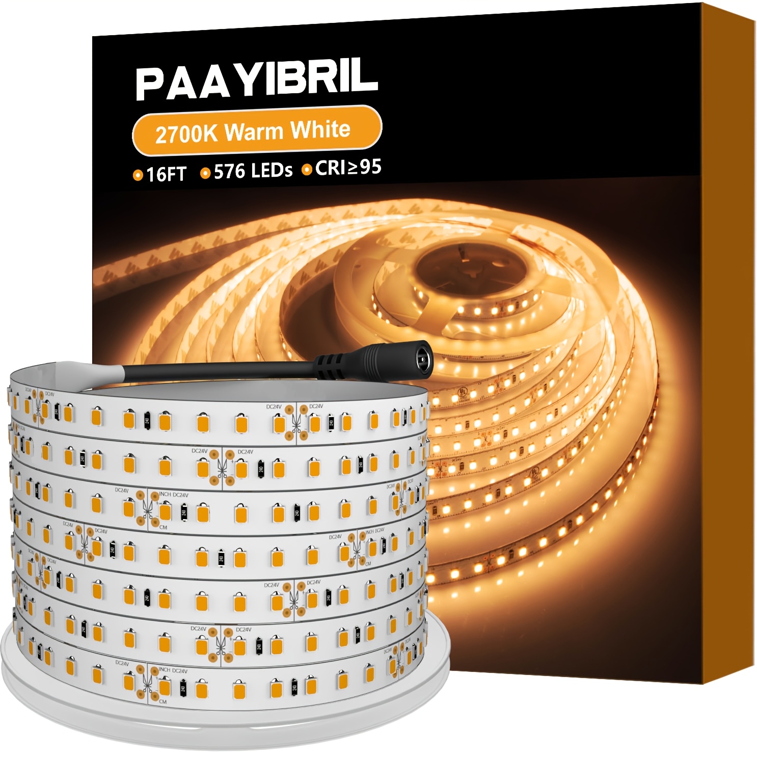   white led strip lights 450lm ft   cri 95   density 2835 16ft 576 leds 24v   led tape light for room kitchen cabinet no power supply