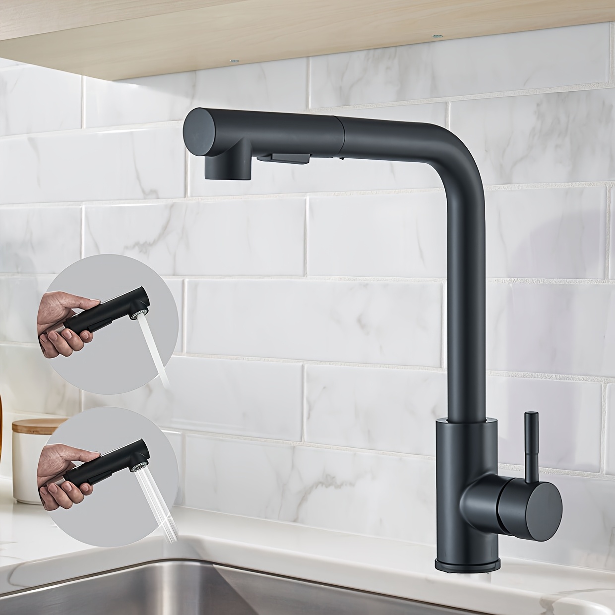 Image of Kitchen Faucet With Pull-down Spray, Bar Sink Faucet, Bathroom Bar Faucet, Single-hole Stainless Steel Swivel Faucet, Commercial-style Sink Faucet, Suitable For Kitchens, Rvs, And Laundry Rooms.