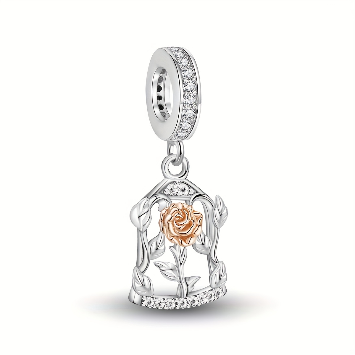 Image of 1pc Rose Flower Pendant, 925 Silver Plated Pendant For Bracelet Bangle Necklace, Jewelry Making Additions Valentine's Day Mother's Day Gift For Women