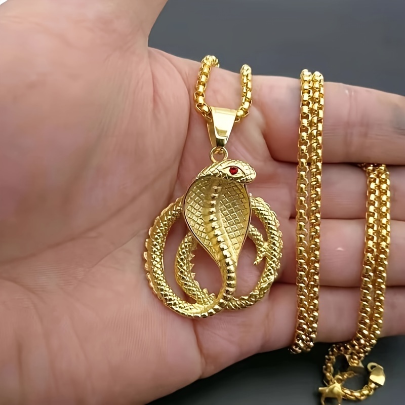 cool and handsome mens gold tone cobra pendant necklace with red eye detail antique gold plated zinc alloy hip hop style snake chain jewelry details 4