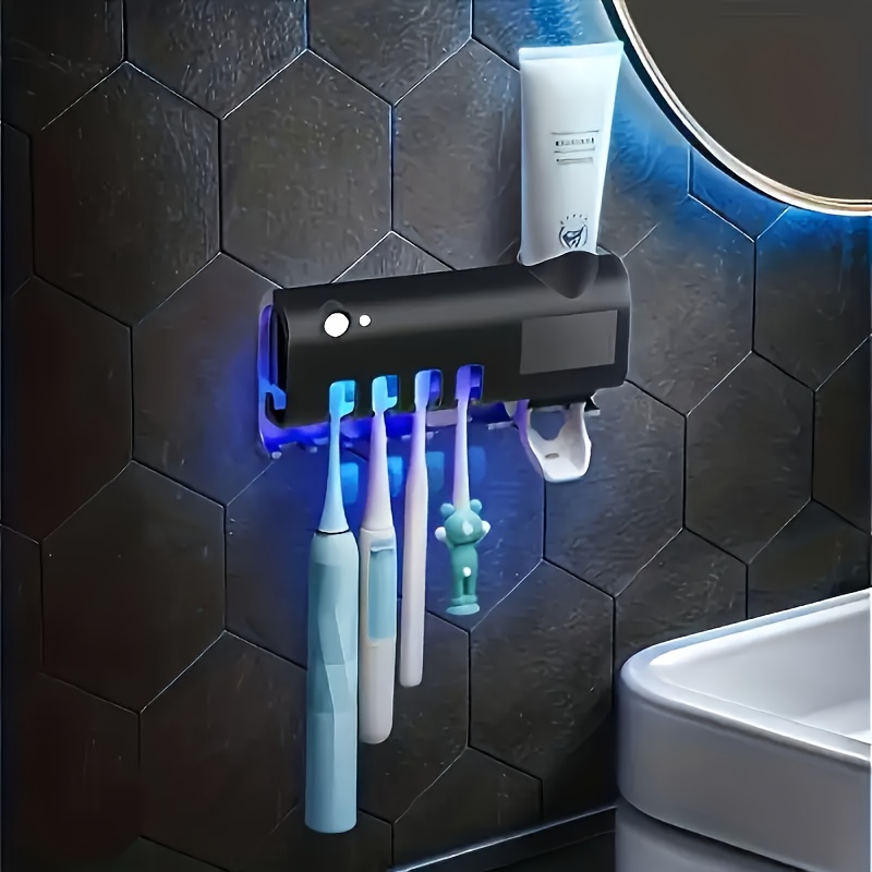 

Uv Sterilizer Toothbrush Holder - Wall Mount Plastic Storage Rack With Infrared Sensing, Solar Power Board, Usb Charging, And Smart Toothpaste Dispenser - Holds 4 Brushes
