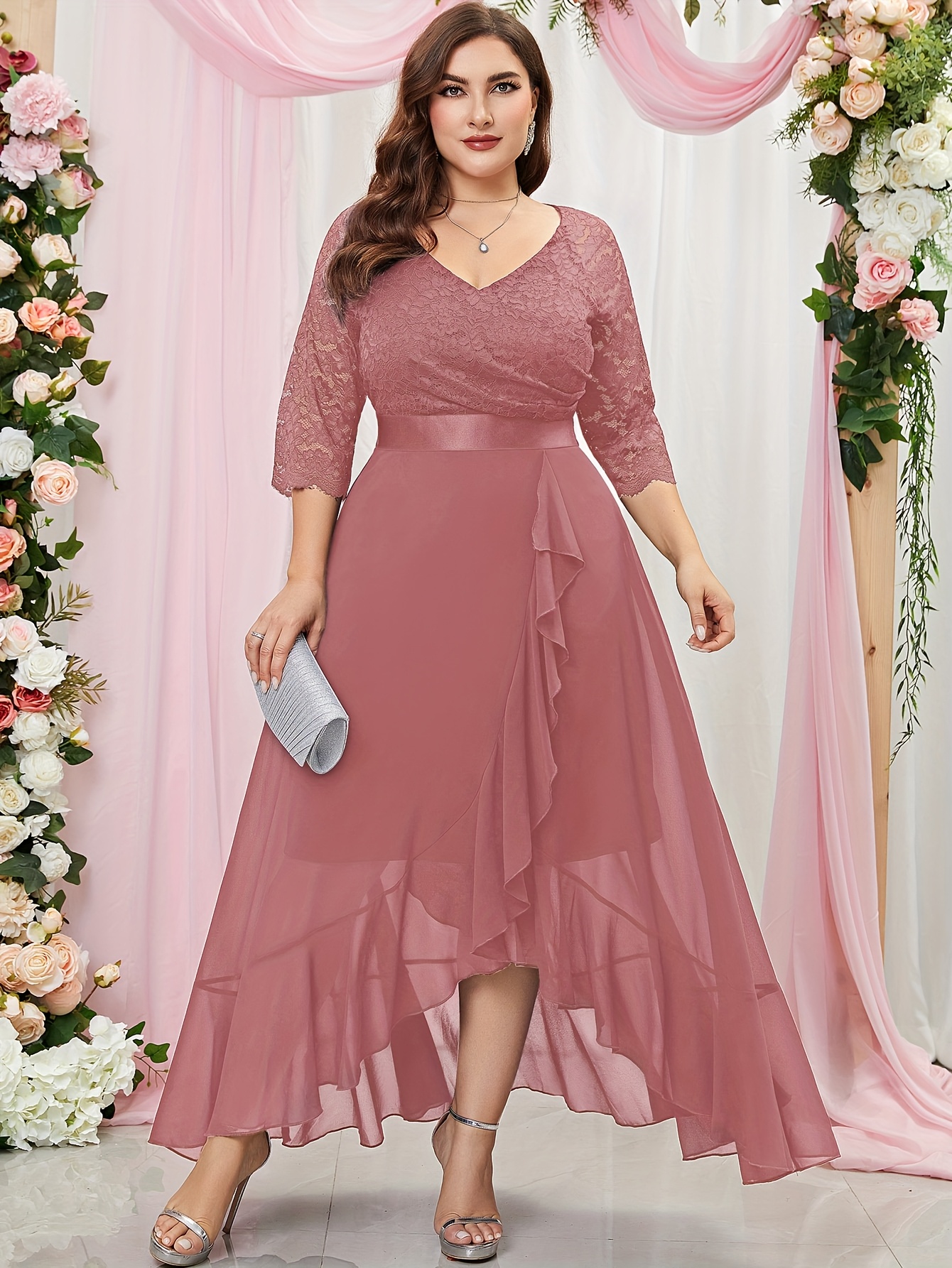 elegant plus size floral bridesmaid dress v neck Temu
