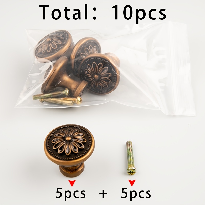 TEMU 5pcs Set Of 80520 Bronze Daisy Handles + 5pcs Set Of 4x22 Handle Screws, Total 10pcs. Bronze Embossed Floral Single-hole Handles, Daisy Knobs,