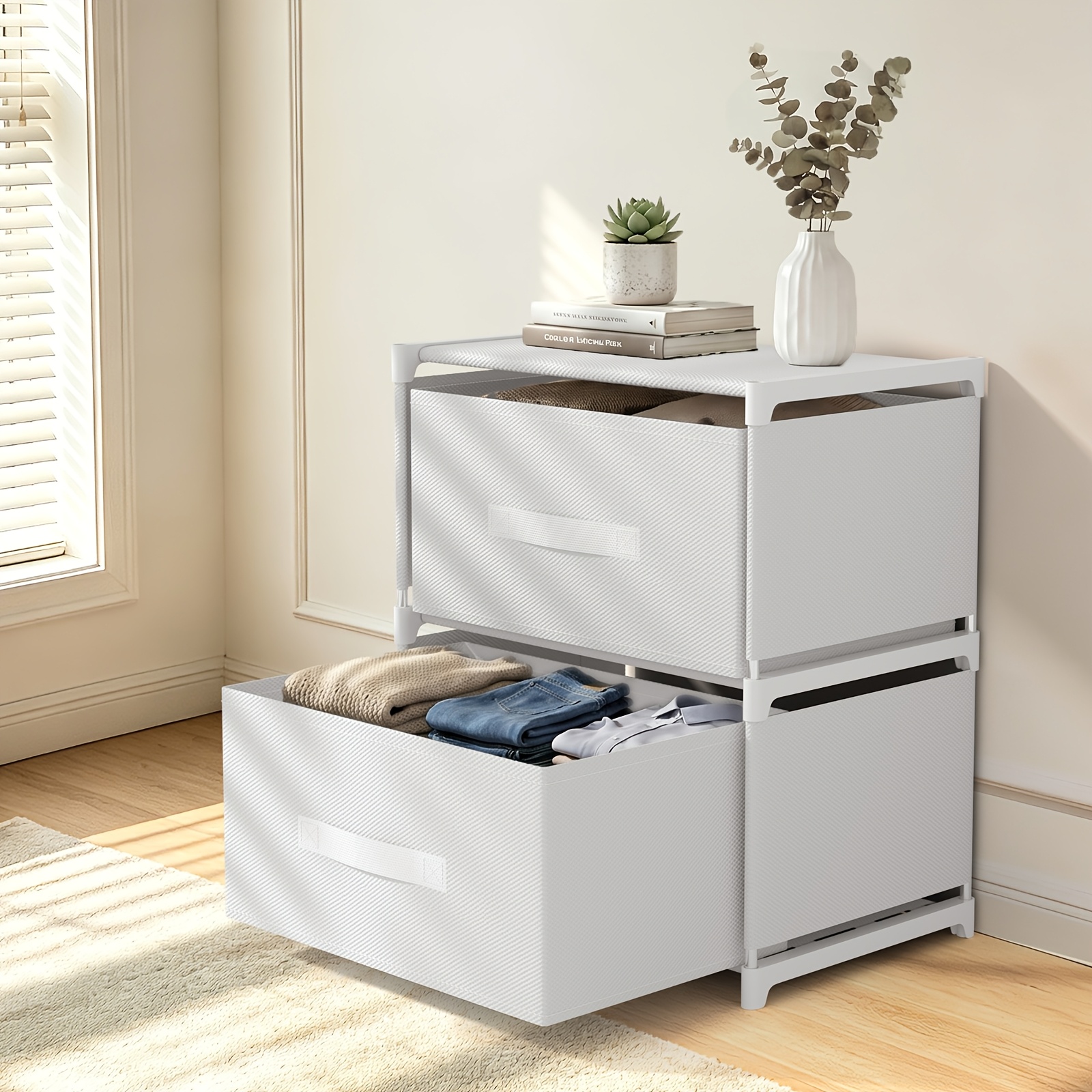 TEMU 2-drawer Stackable Storage Cabinet With Carbon Frame & Fabric Drawers - Freestanding Organizer Suitable For Bedroom, Wardrobe, Living Room,