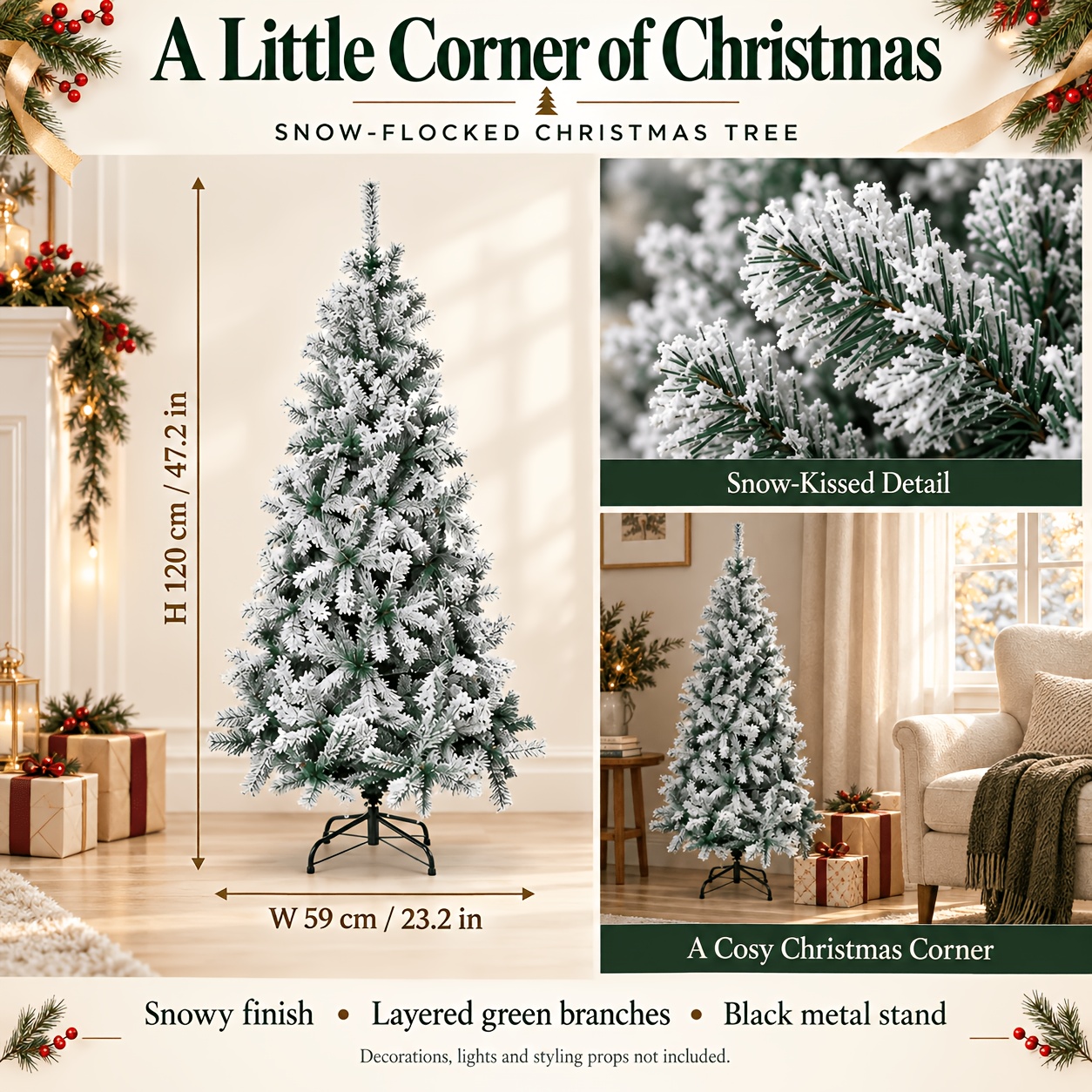 Image of 1pc Snow-flocked Artificial Christmas Tree With Metal Stand, Snowy Green Branches For Indoor Christmas & Decor, Artificial Plants And Greenery